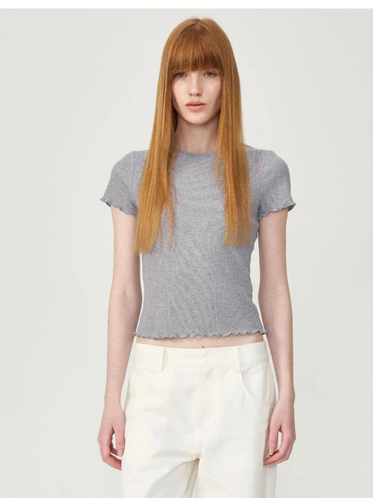Colorful Ribbed Cotton Knit T-shirt With Ruffle Trim