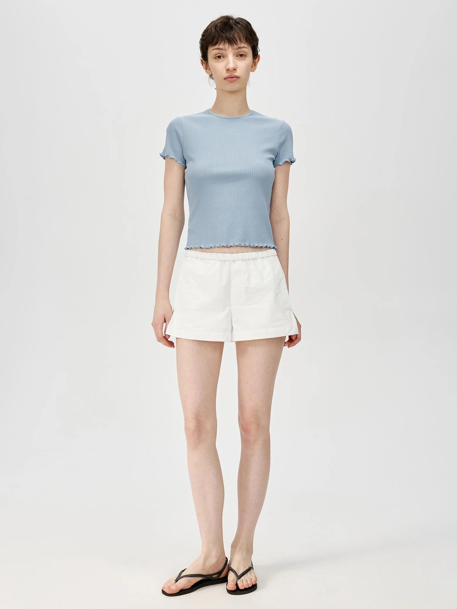 Colorful Ribbed Cotton Knit T-shirt With Ruffle Trim