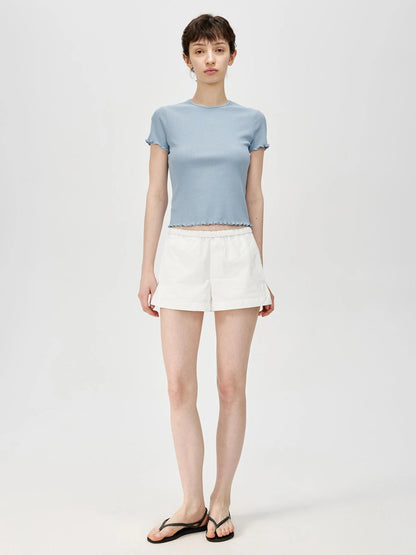 Colorful Ribbed Cotton Knit T-shirt With Ruffle Trim