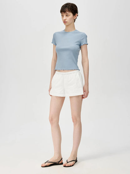 Colorful Ribbed Cotton Knit T-shirt With Ruffle Trim