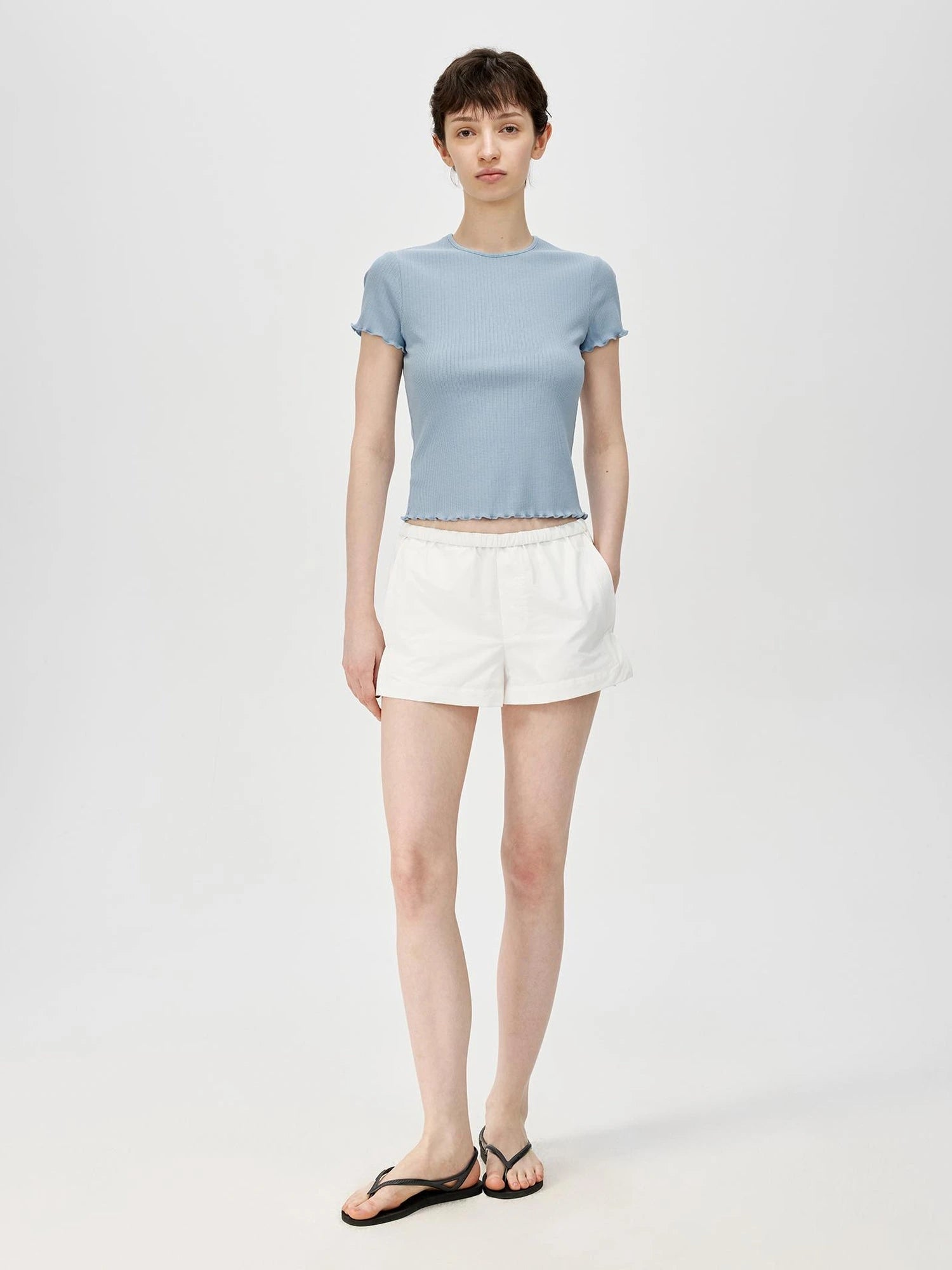 Colorful Ribbed Cotton Knit T-shirt With Ruffle Trim