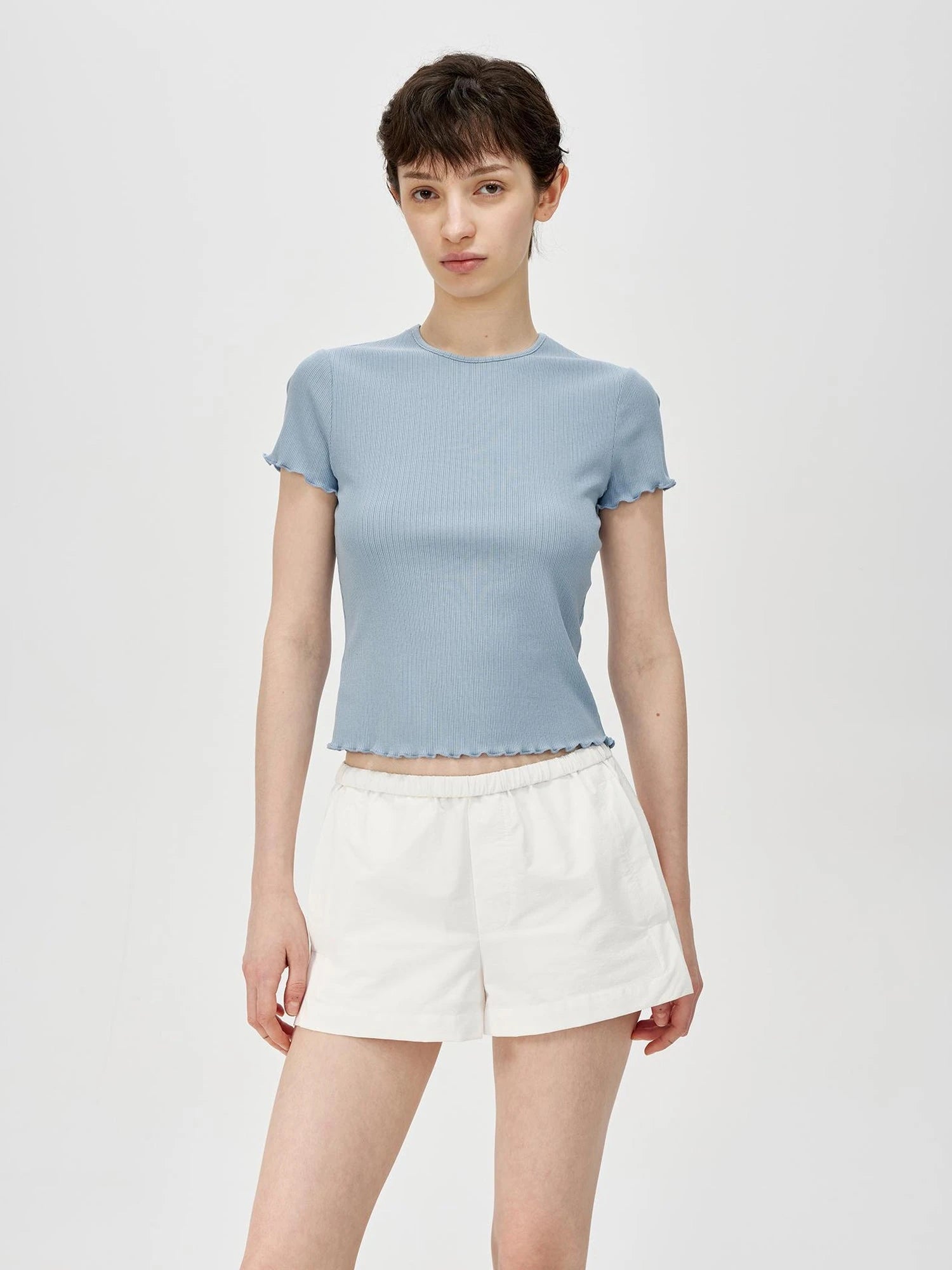 Colorful Ribbed Cotton Knit T-shirt With Ruffle Trim