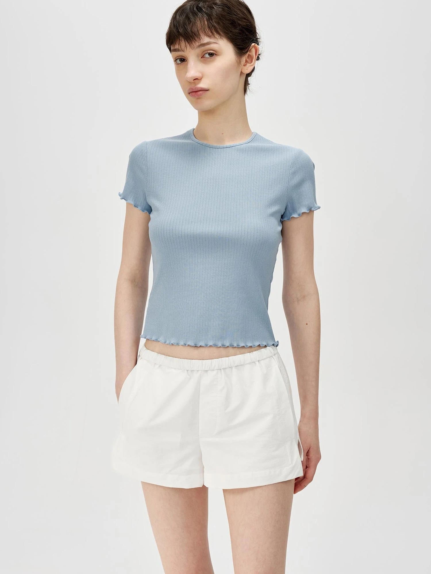 Colorful Ribbed Cotton Knit T-shirt With Ruffle Trim