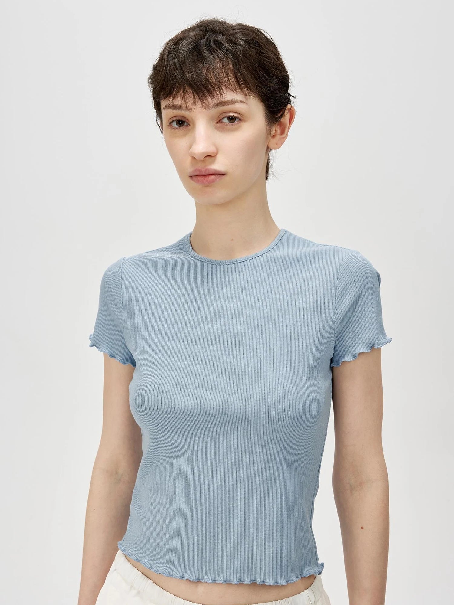 Colorful Ribbed Cotton Knit T-shirt With Ruffle Trim