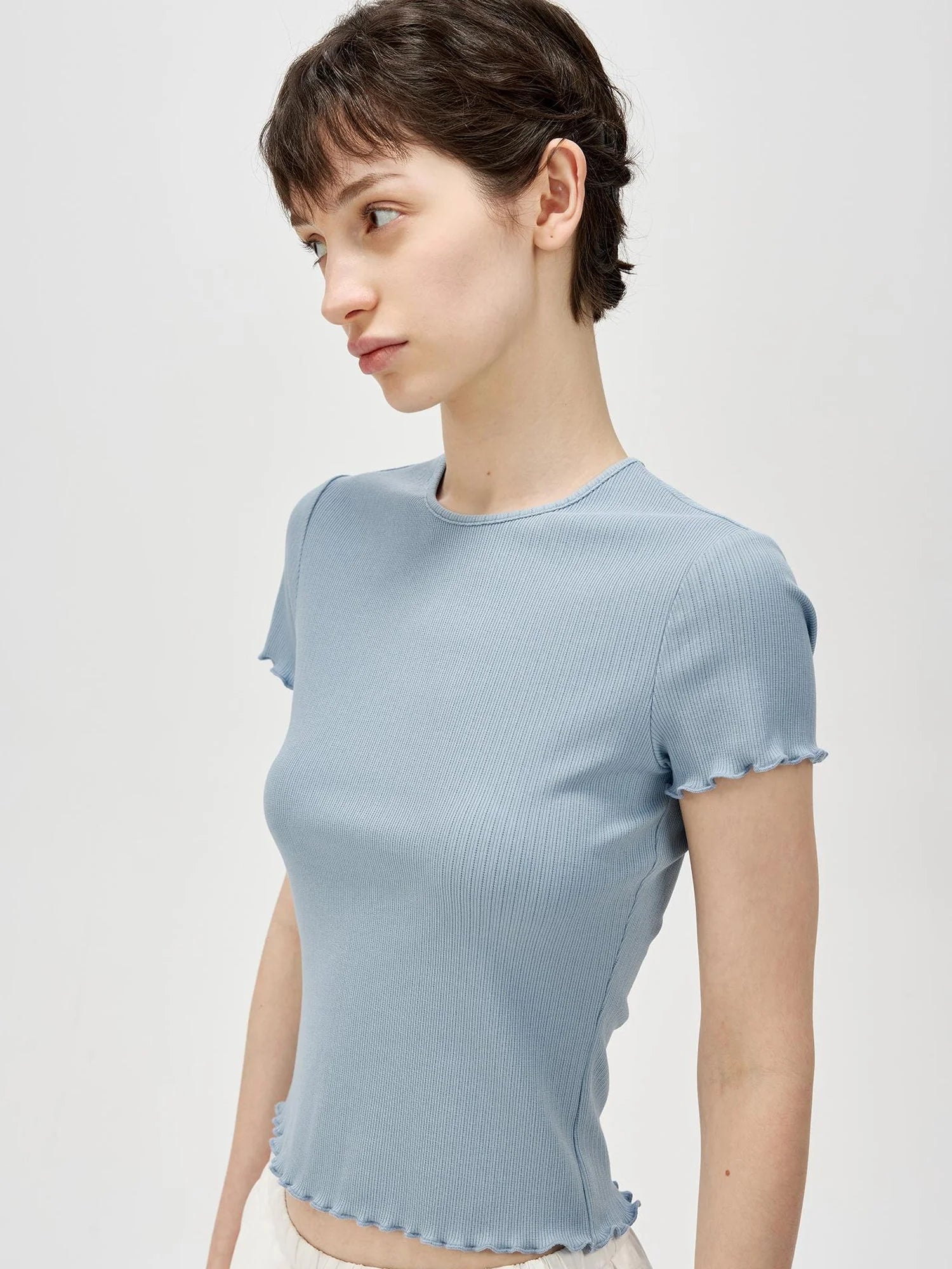 Colorful Ribbed Cotton Knit T-shirt With Ruffle Trim