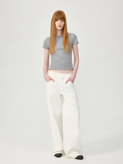 Colorful Ribbed Cotton Knit T-shirt With Ruffle Trim