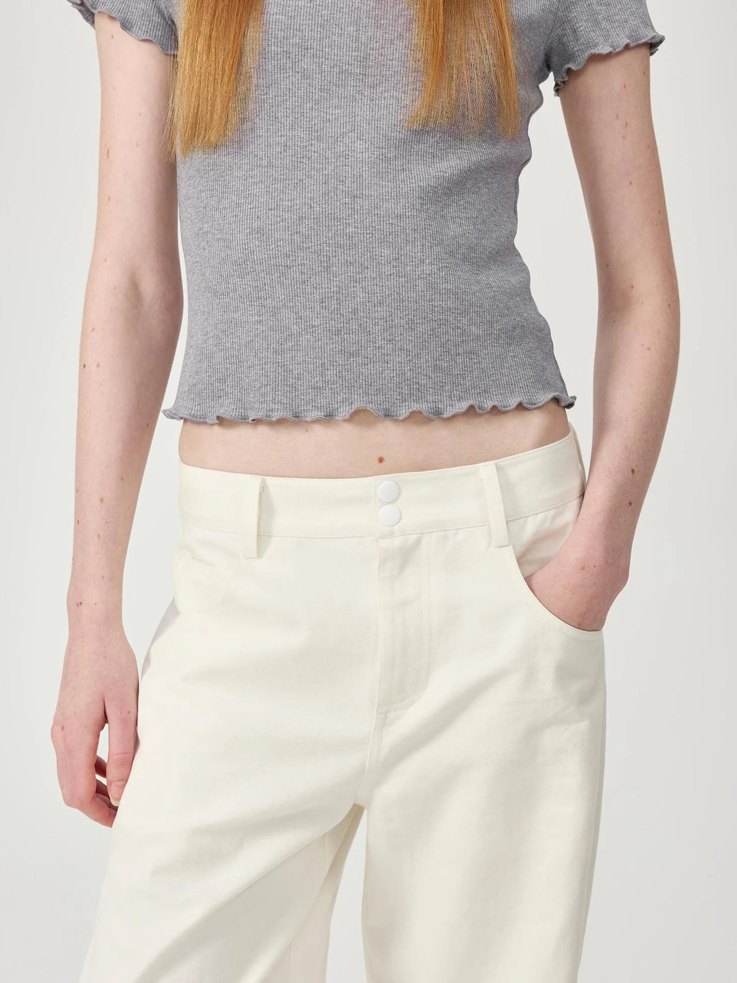 Colorful Ribbed Cotton Knit T-shirt With Ruffle Trim