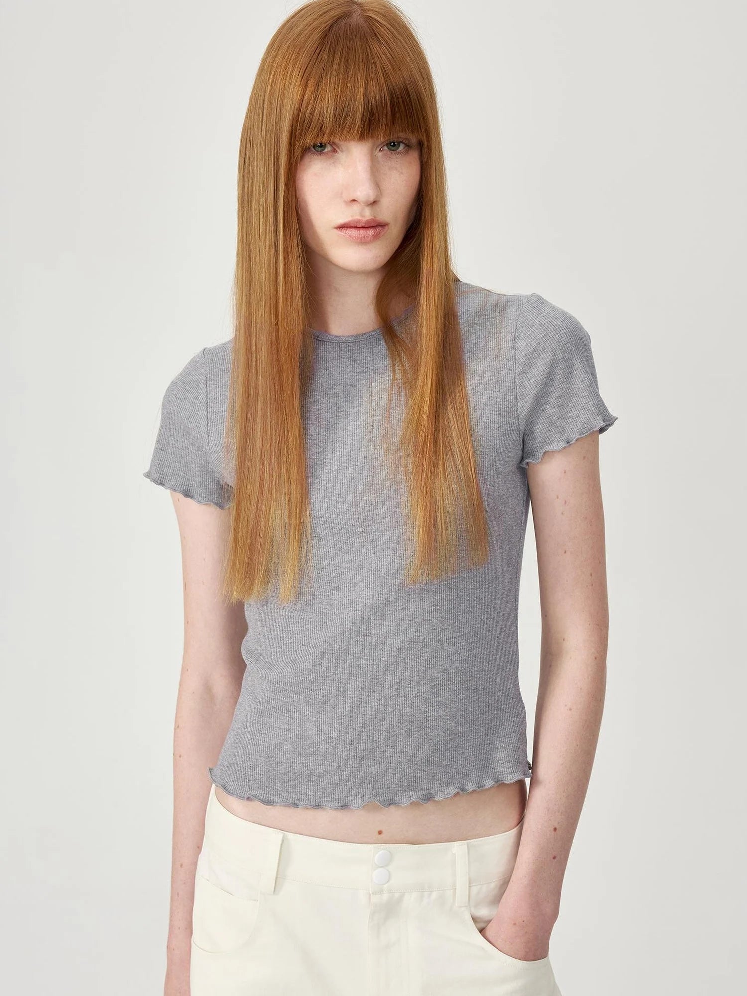 Colorful Ribbed Cotton Knit T-shirt With Ruffle Trim