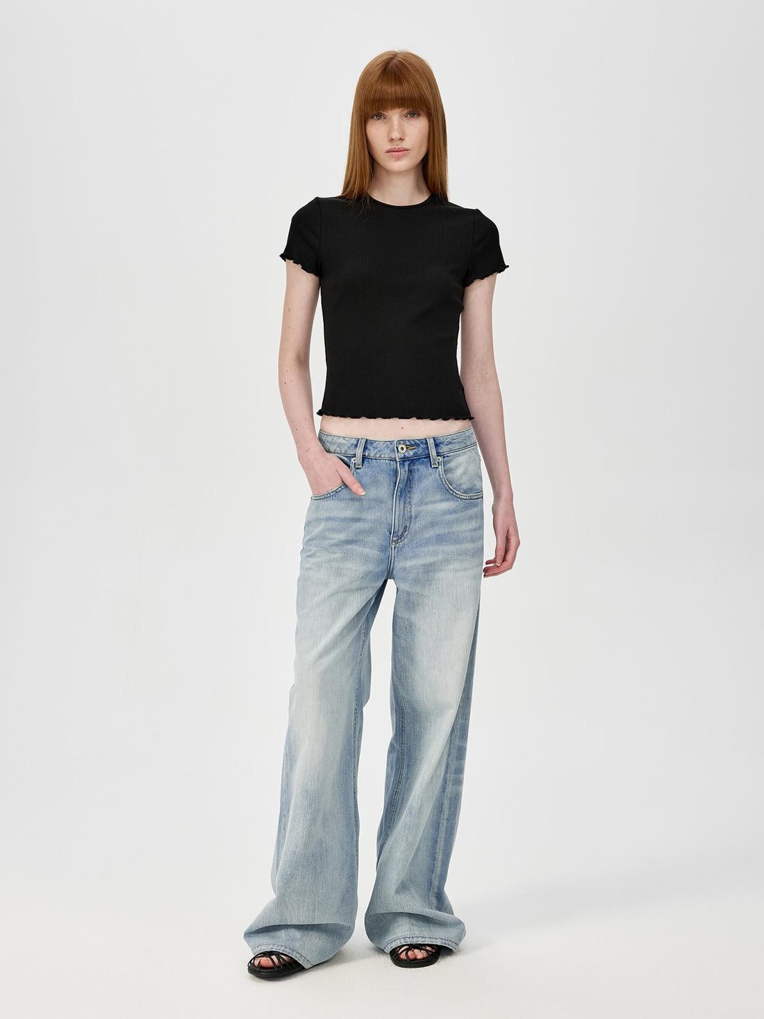 Northbutsouth Colorful Ribbed Cotton Knit T-shirt With Ruffle Trim