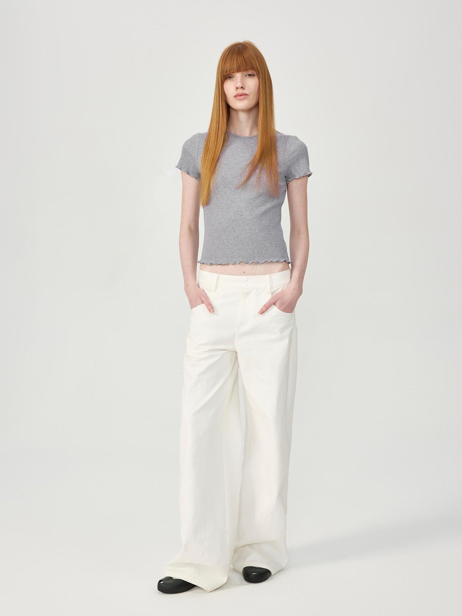 Northbutsouth Colorful Ribbed Cotton Knit T-shirt With Ruffle Trim