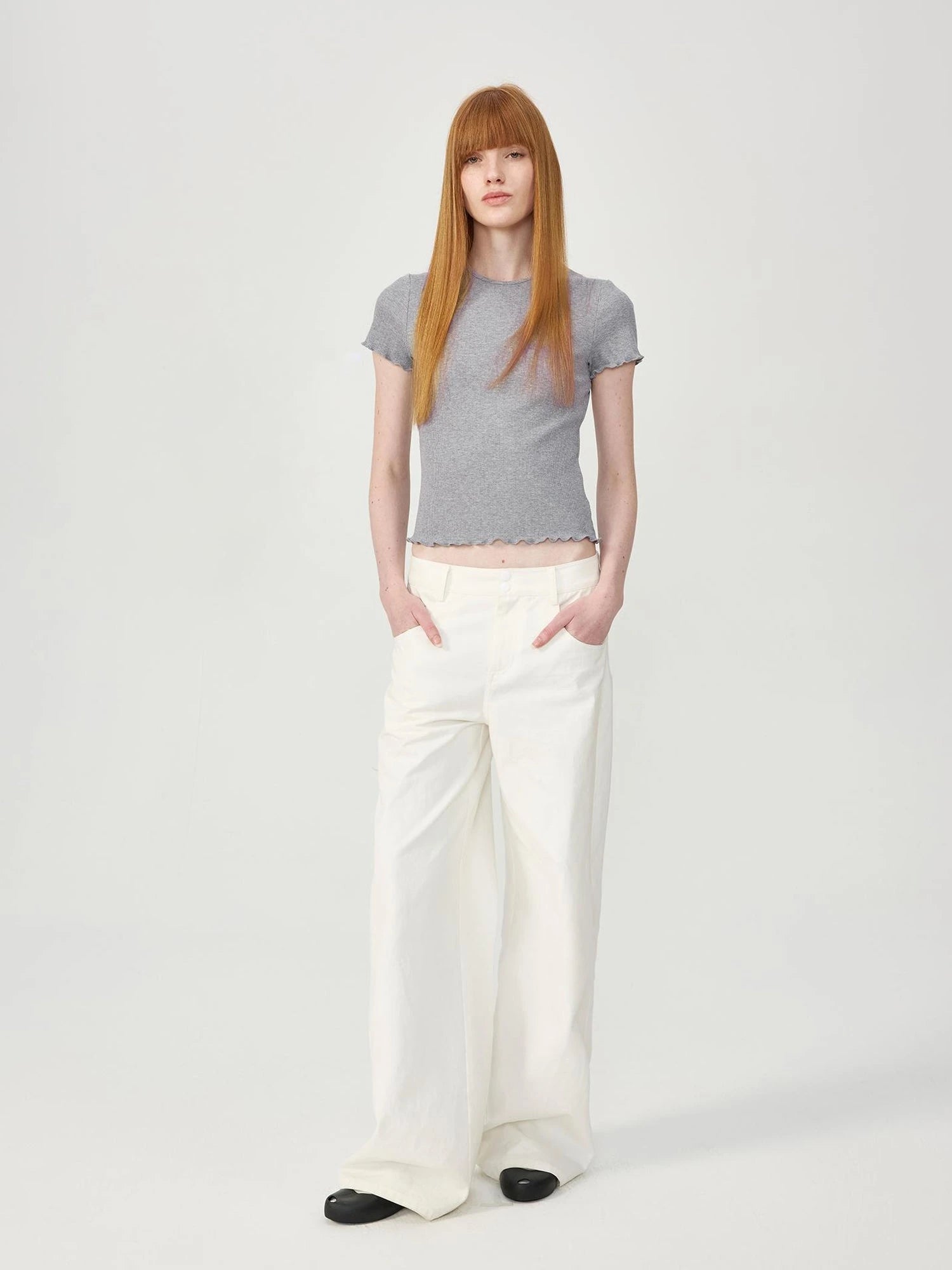 Colorful Ribbed Cotton Knit T-shirt With Ruffle Trim