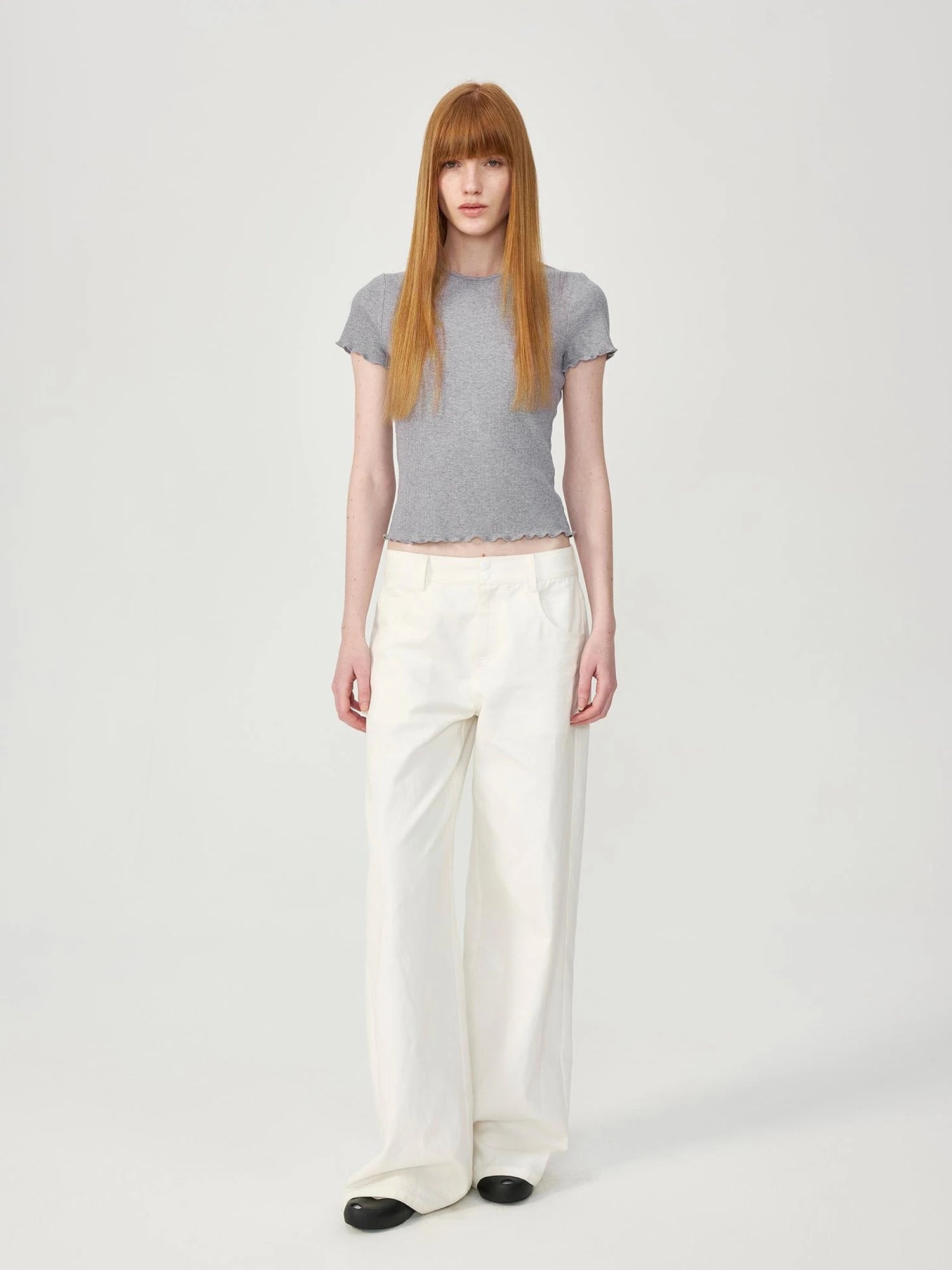 Colorful Ribbed Cotton Knit T-shirt With Ruffle Trim