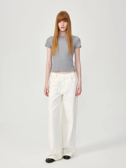 Colorful Ribbed Cotton Knit T-shirt With Ruffle Trim