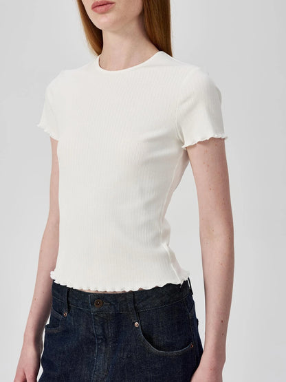 Colorful Ribbed Cotton Knit T-shirt With Ruffle Trim