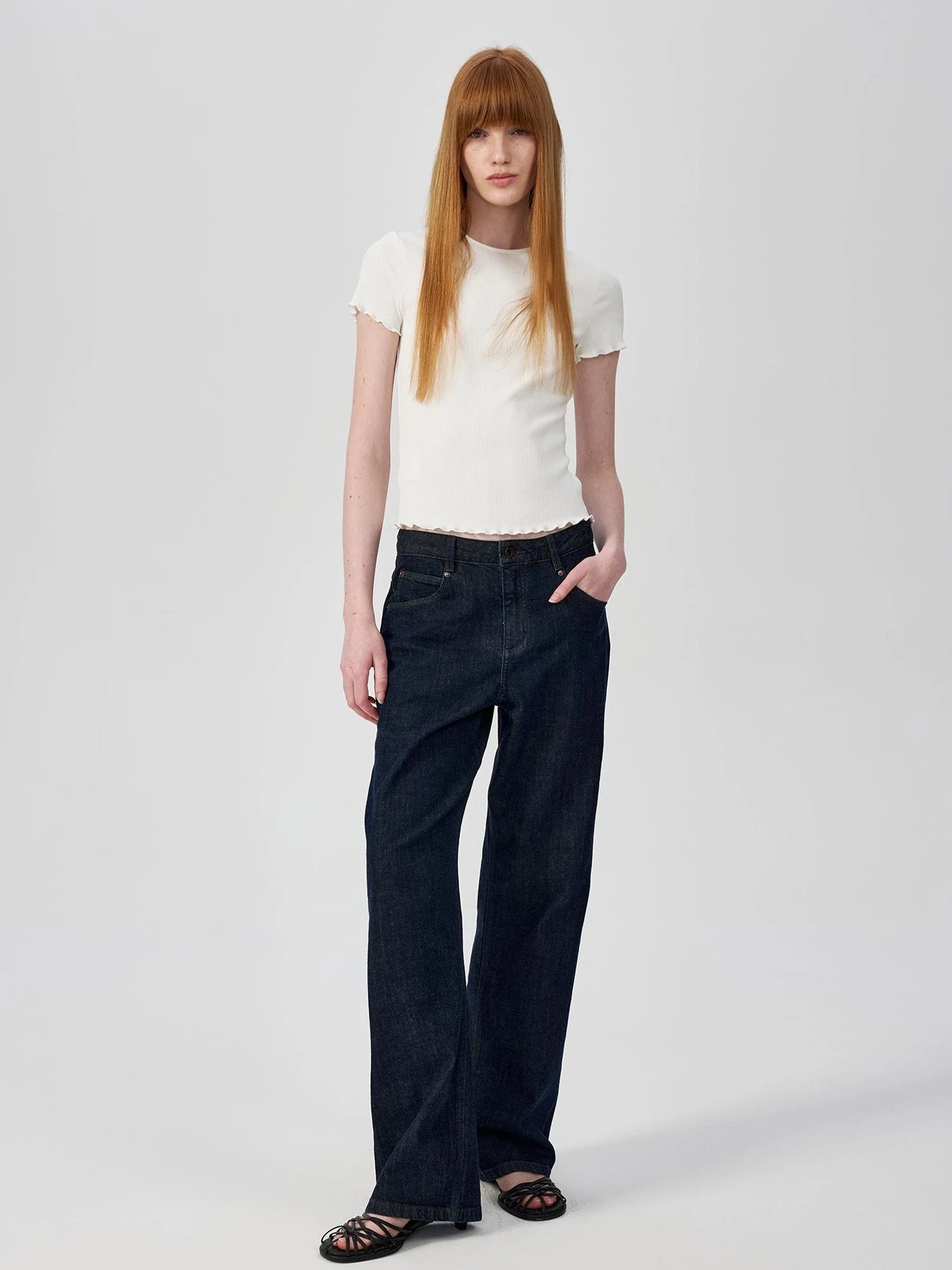 Colorful Ribbed Cotton Knit T-shirt With Ruffle Trim