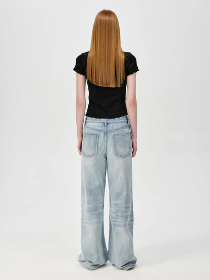 Colorful Ribbed Cotton Knit T-shirt With Ruffle Trim