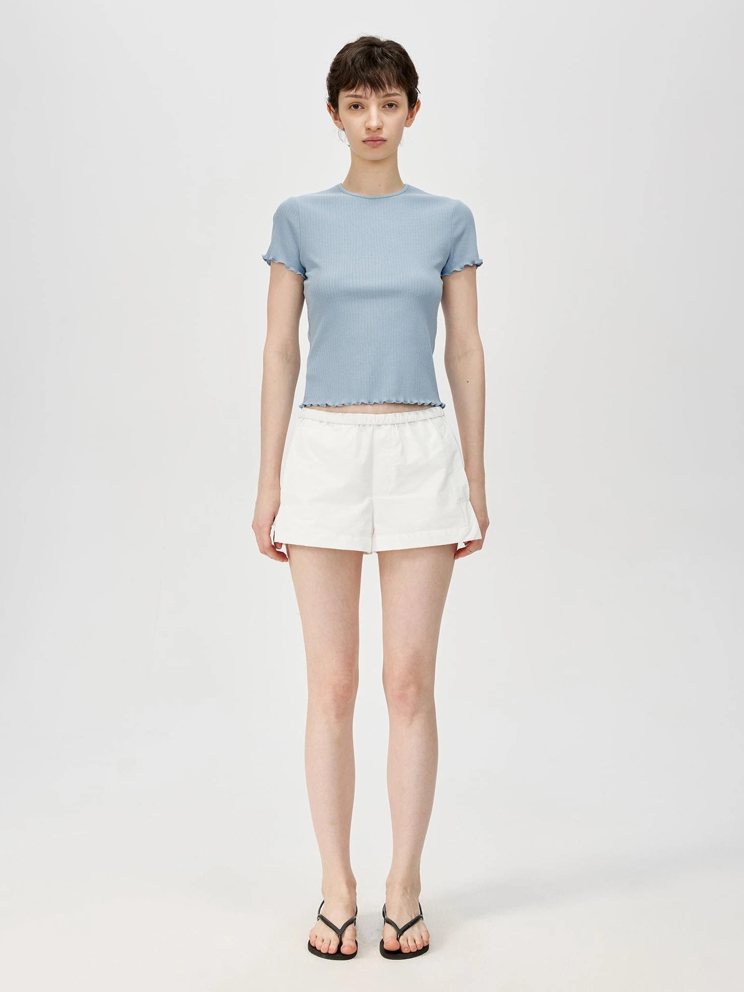 Colorful Ribbed Cotton Knit T-shirt With Ruffle Trim