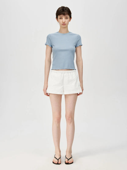 Colorful Ribbed Cotton Knit T-shirt With Ruffle Trim
