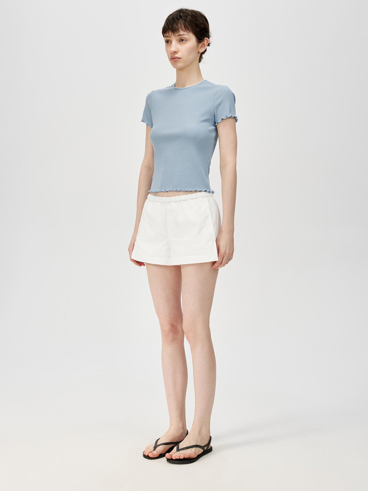 Northbutsouth Colorful Ribbed Cotton Knit T-shirt With Ruffle Trim
