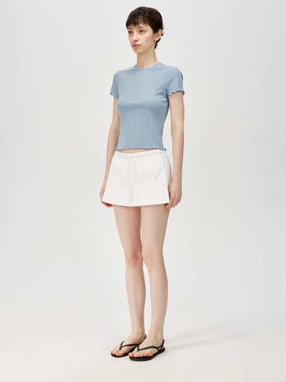 Colorful Ribbed Cotton Knit T-shirt With Ruffle Trim