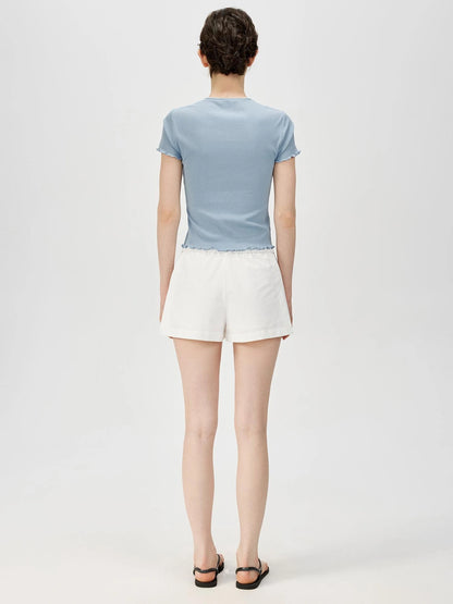 Colorful Ribbed Cotton Knit T-shirt With Ruffle Trim