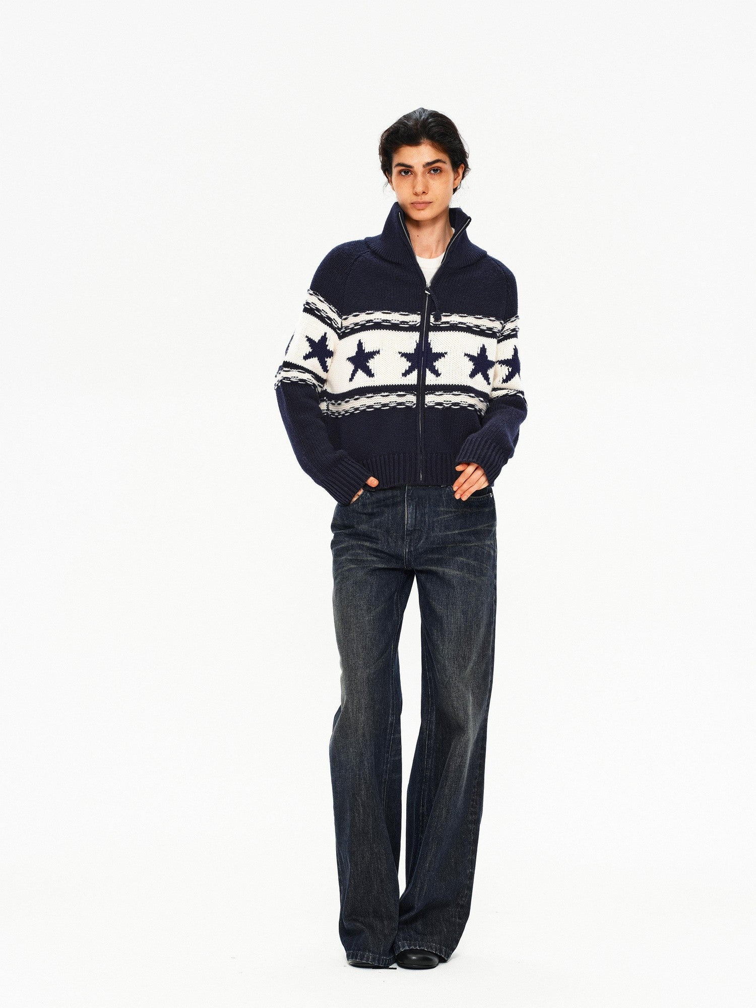 Northbutsouth Contrast Star Colorblock High Neck Zipper Women&