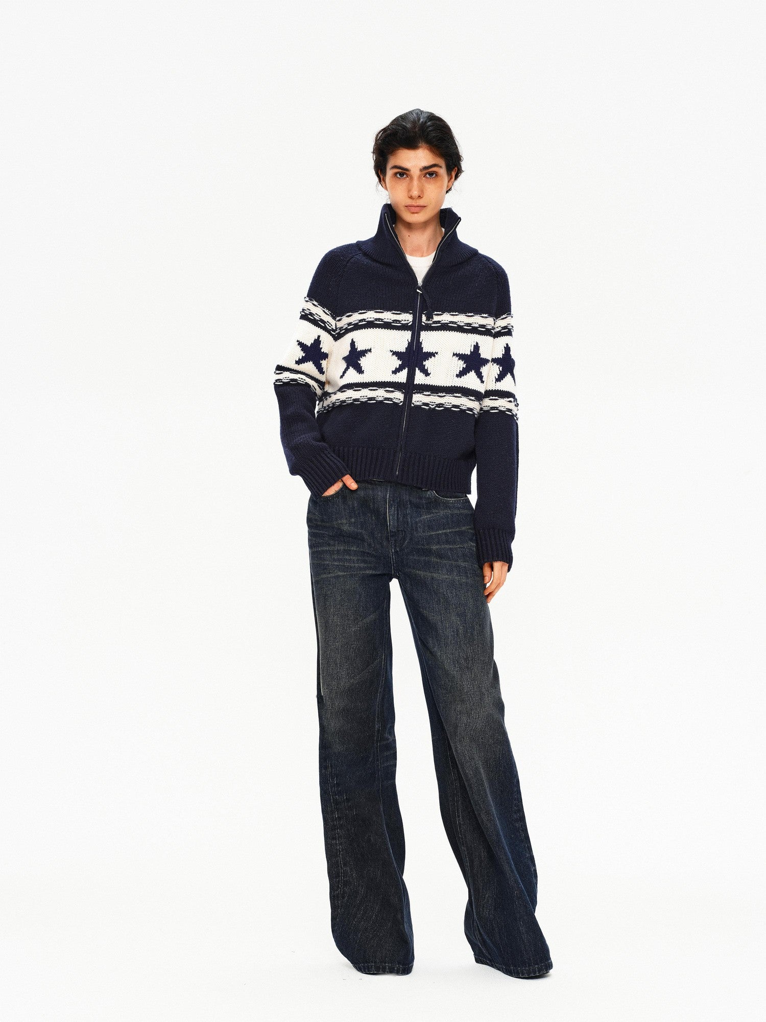 Northbutsouth Contrast Star Colorblock High Neck Zipper Women&