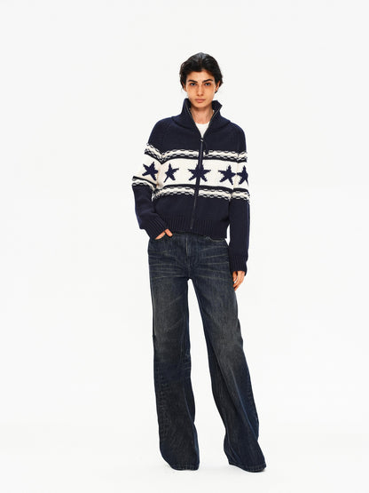 Northbutsouth Contrast Star Colorblock High Neck Zipper Women&