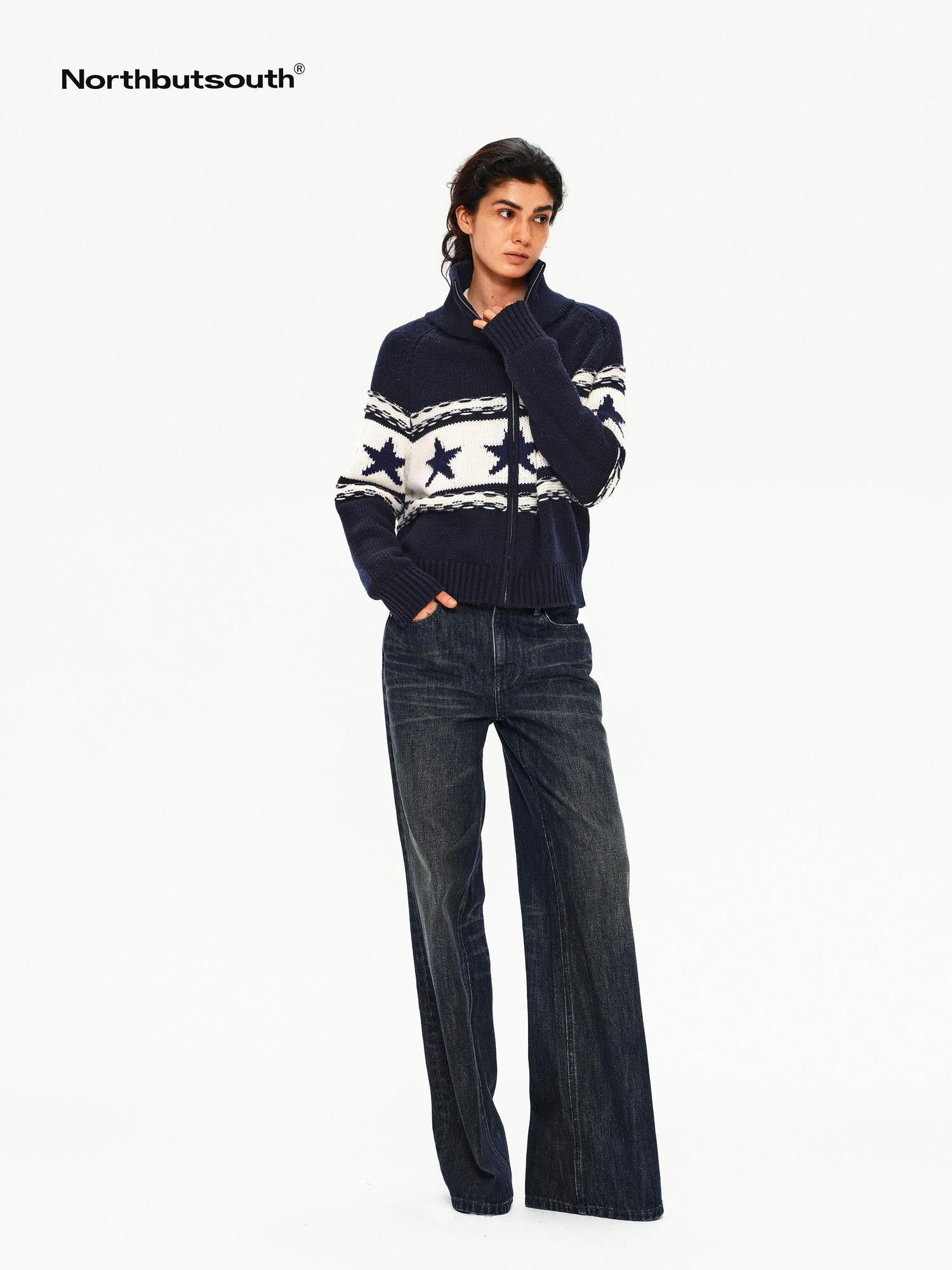 Northbutsouth Contrast Star Colorblock High Neck Zipper Women&