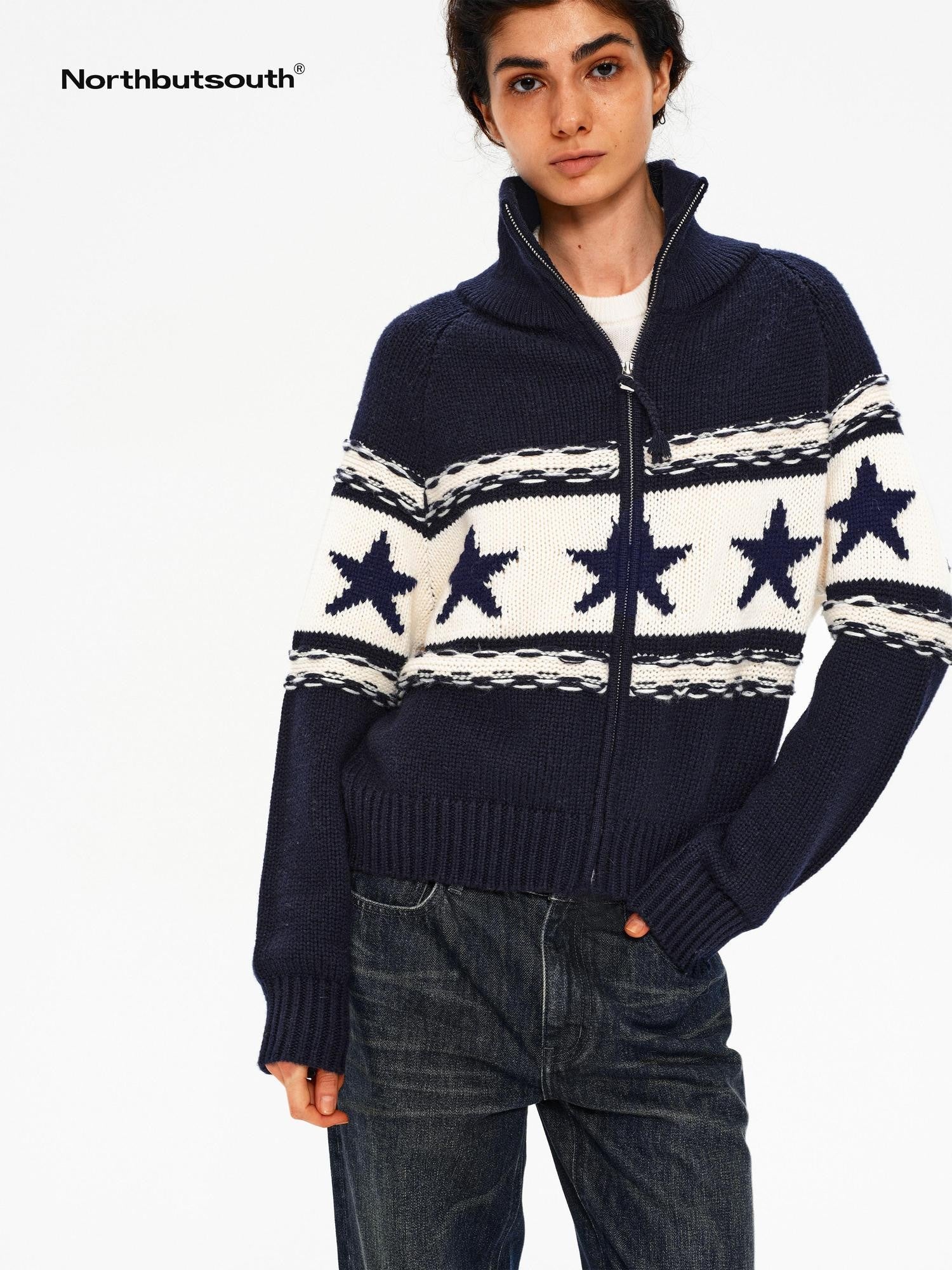 Northbutsouth Contrast Star Colorblock High Neck Zipper Women&