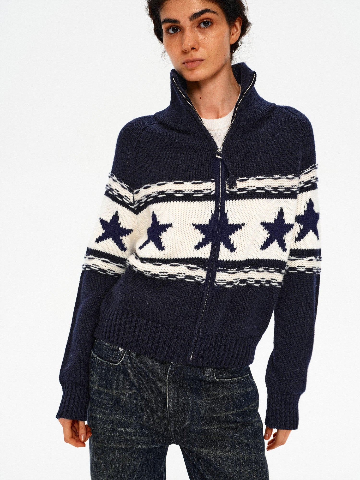 Northbutsouth Contrast Star Colorblock High Neck Zipper Women&