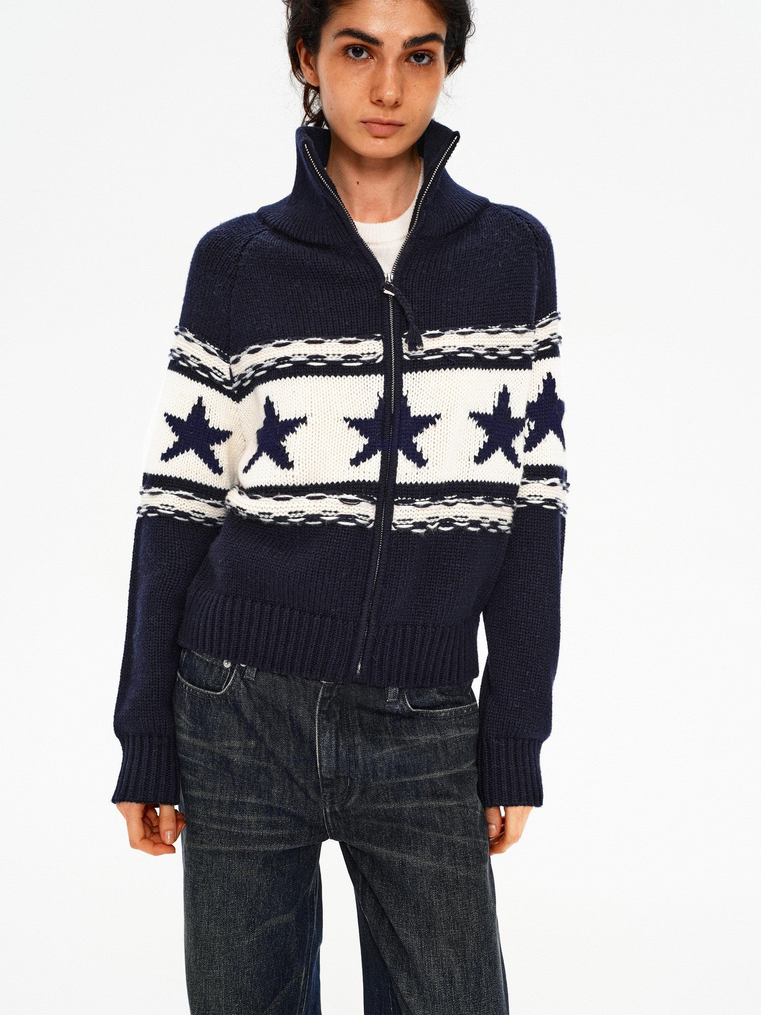 Northbutsouth Contrast Star Colorblock High Neck Zipper Women&