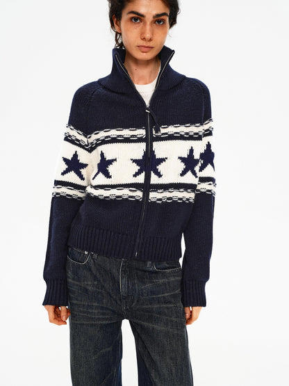 Northbutsouth Contrast Star Colorblock High Neck Zipper Women&