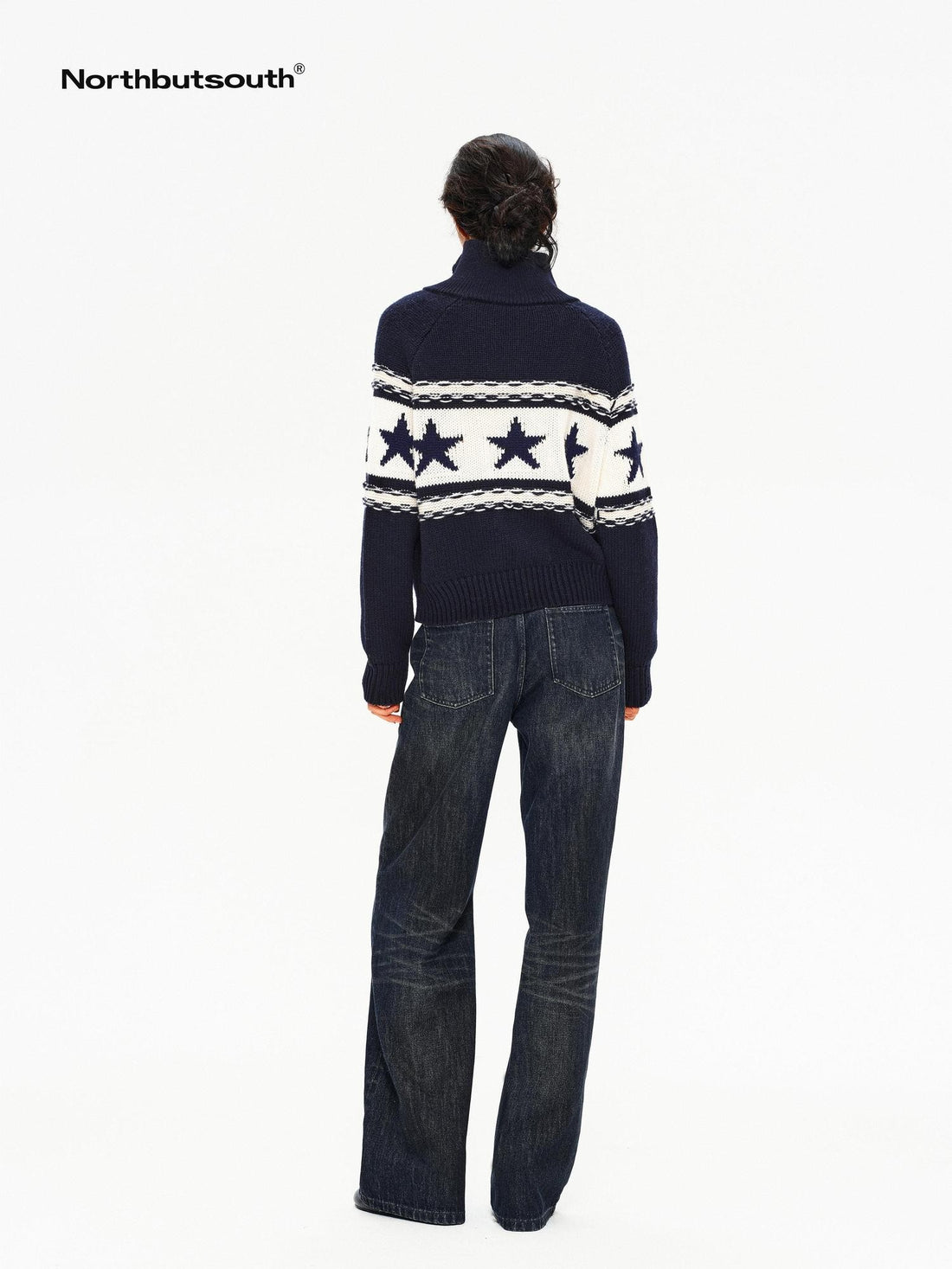 Northbutsouth Contrast Star Colorblock High Neck Zipper Women&