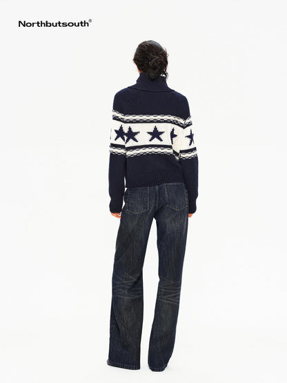 Northbutsouth Contrast Star Colorblock High Neck Zipper Women&