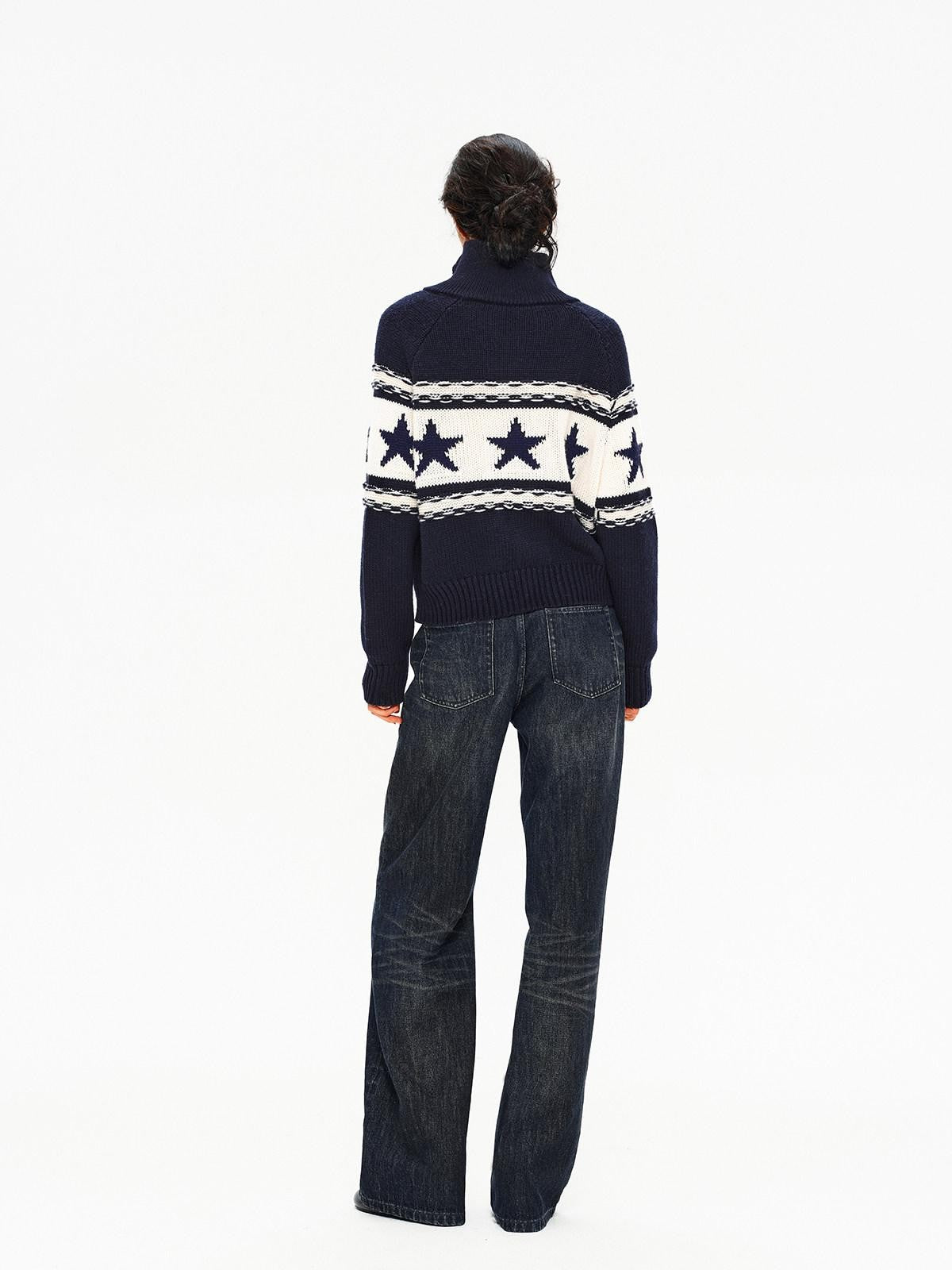 Northbutsouth Contrast Star Colorblock High Neck Zipper Women&