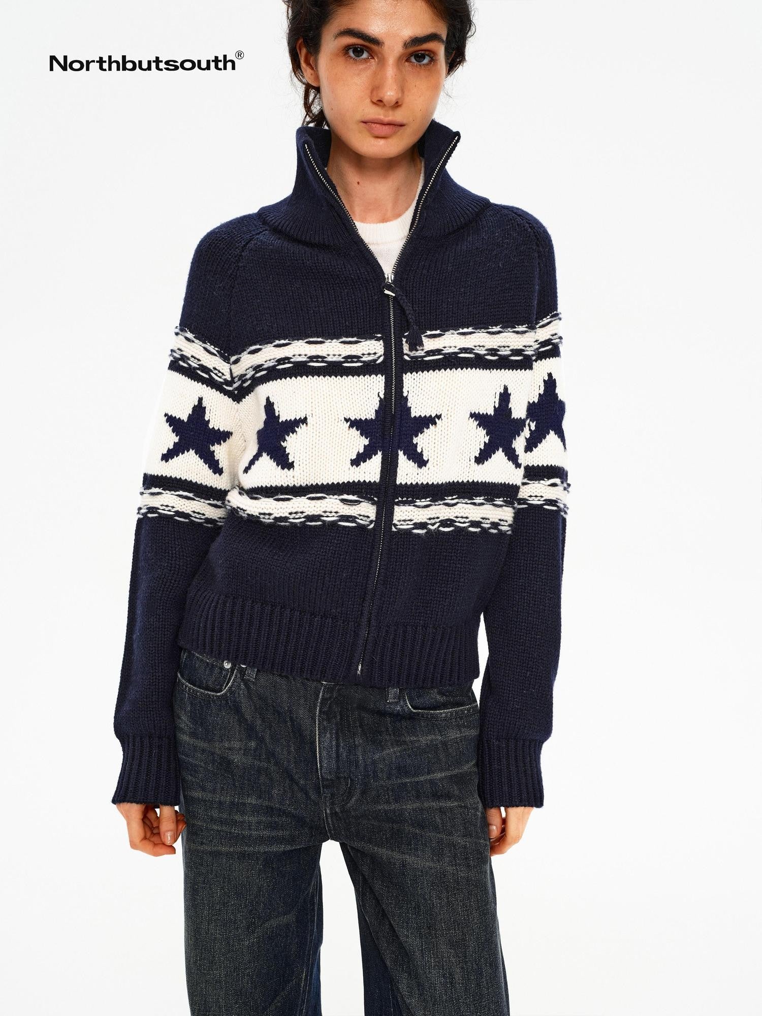 Northbutsouth Contrast Star Colorblock High Neck Zipper Women&