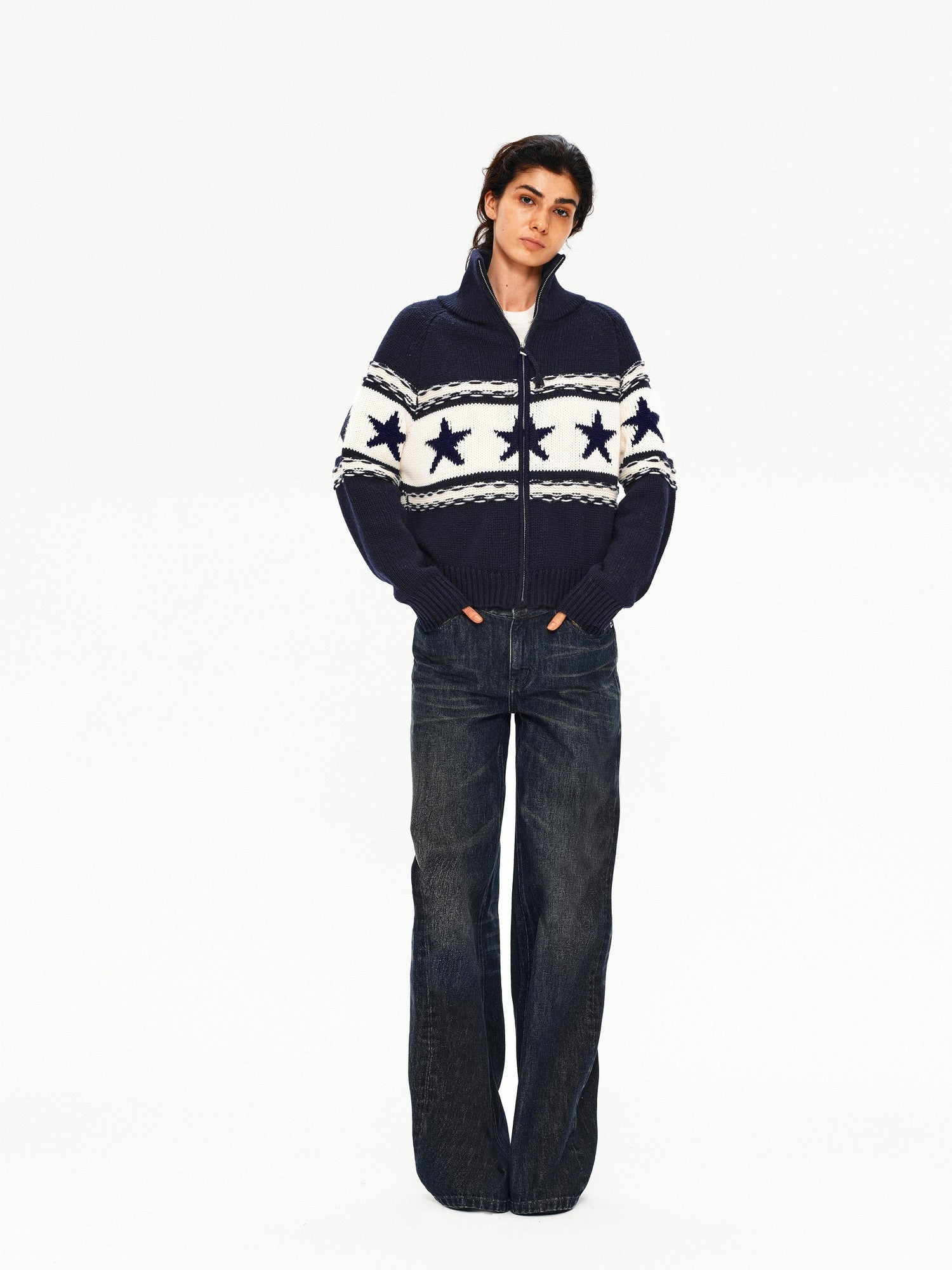 Northbutsouth Contrast Star Colorblock High Neck Zipper Women&