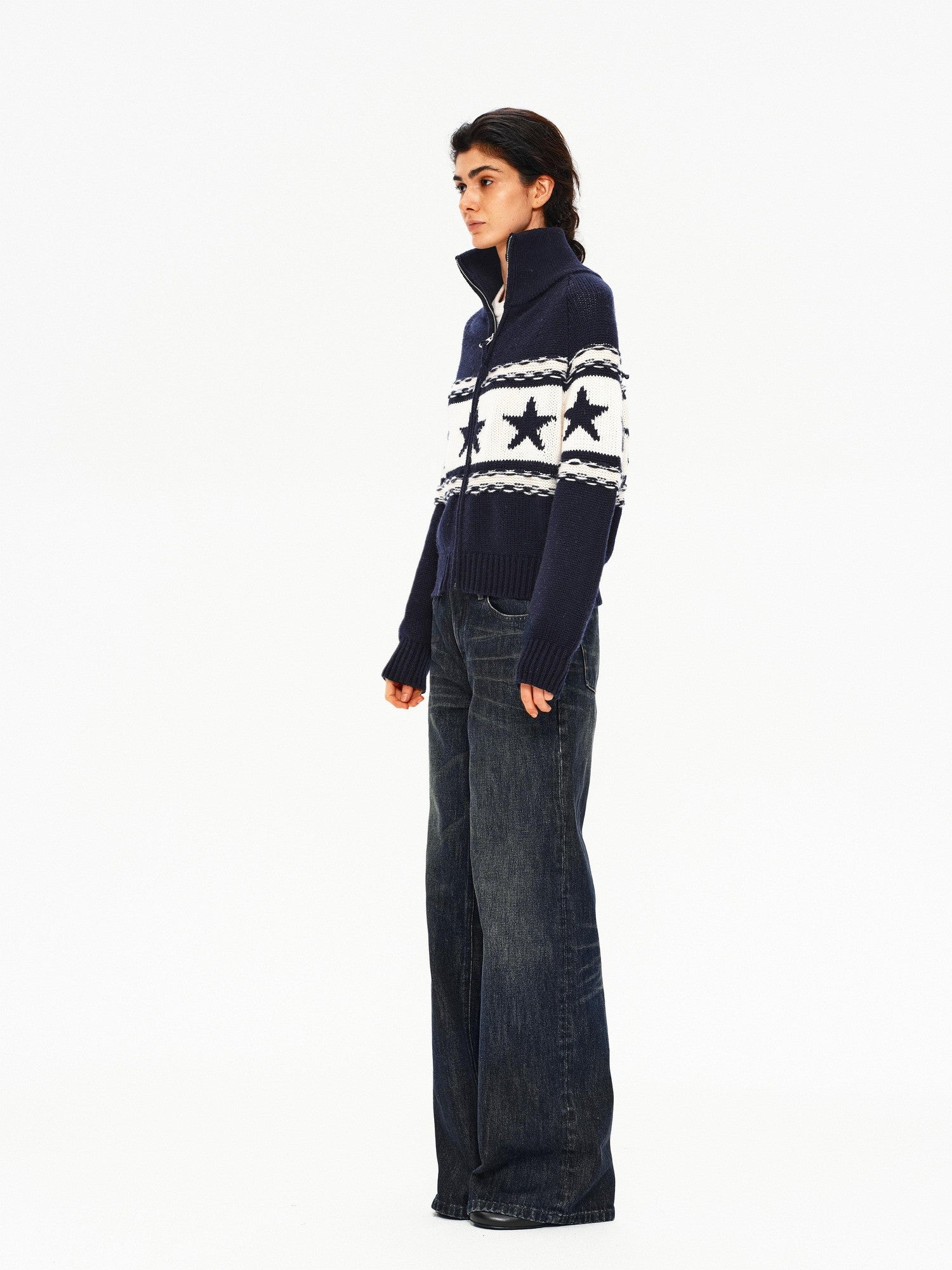 Northbutsouth Contrast Star Colorblock High Neck Zipper Women&