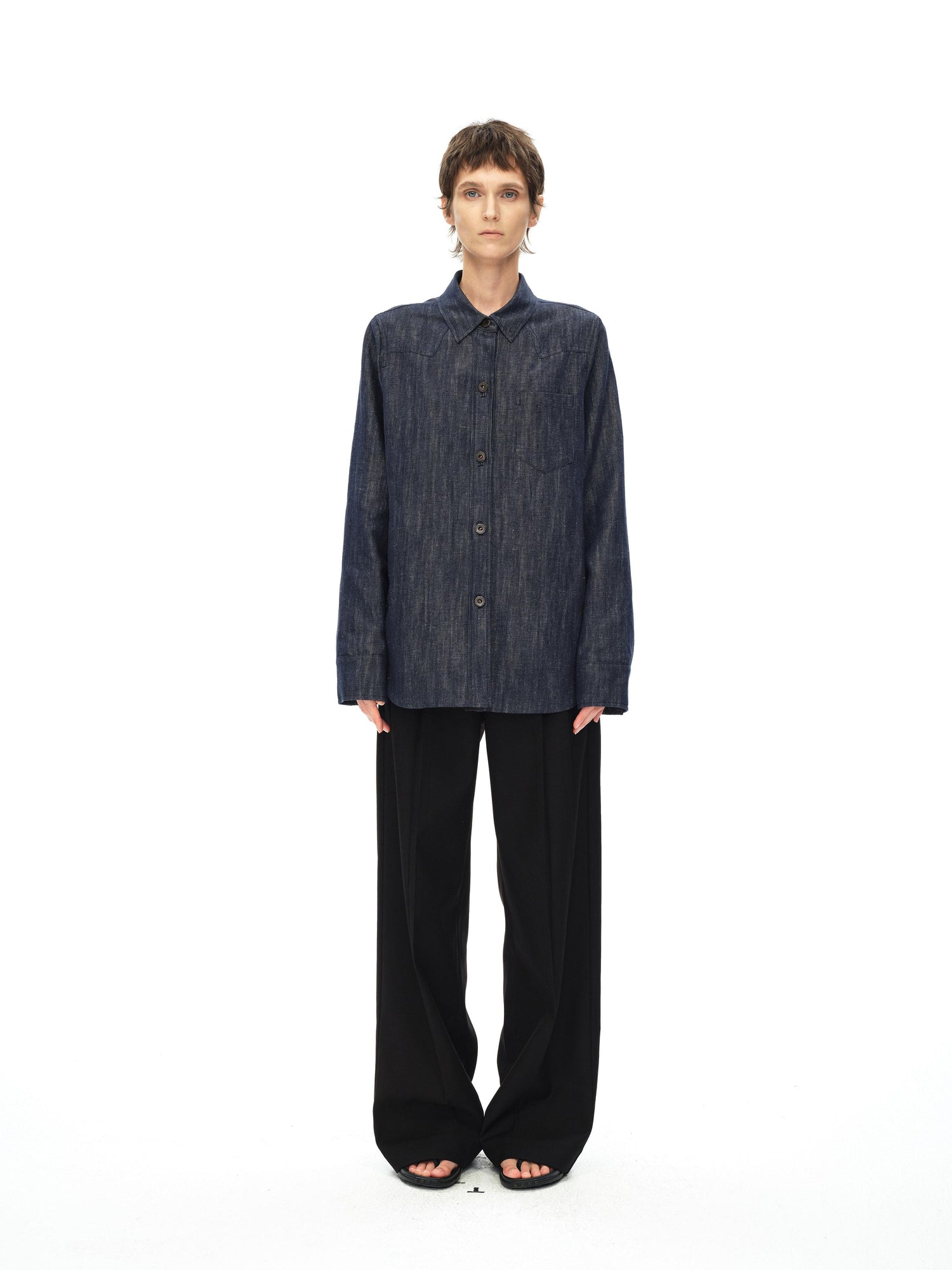 Northbutsouth Cotton Linen Denim Logo Button Casual Jacket