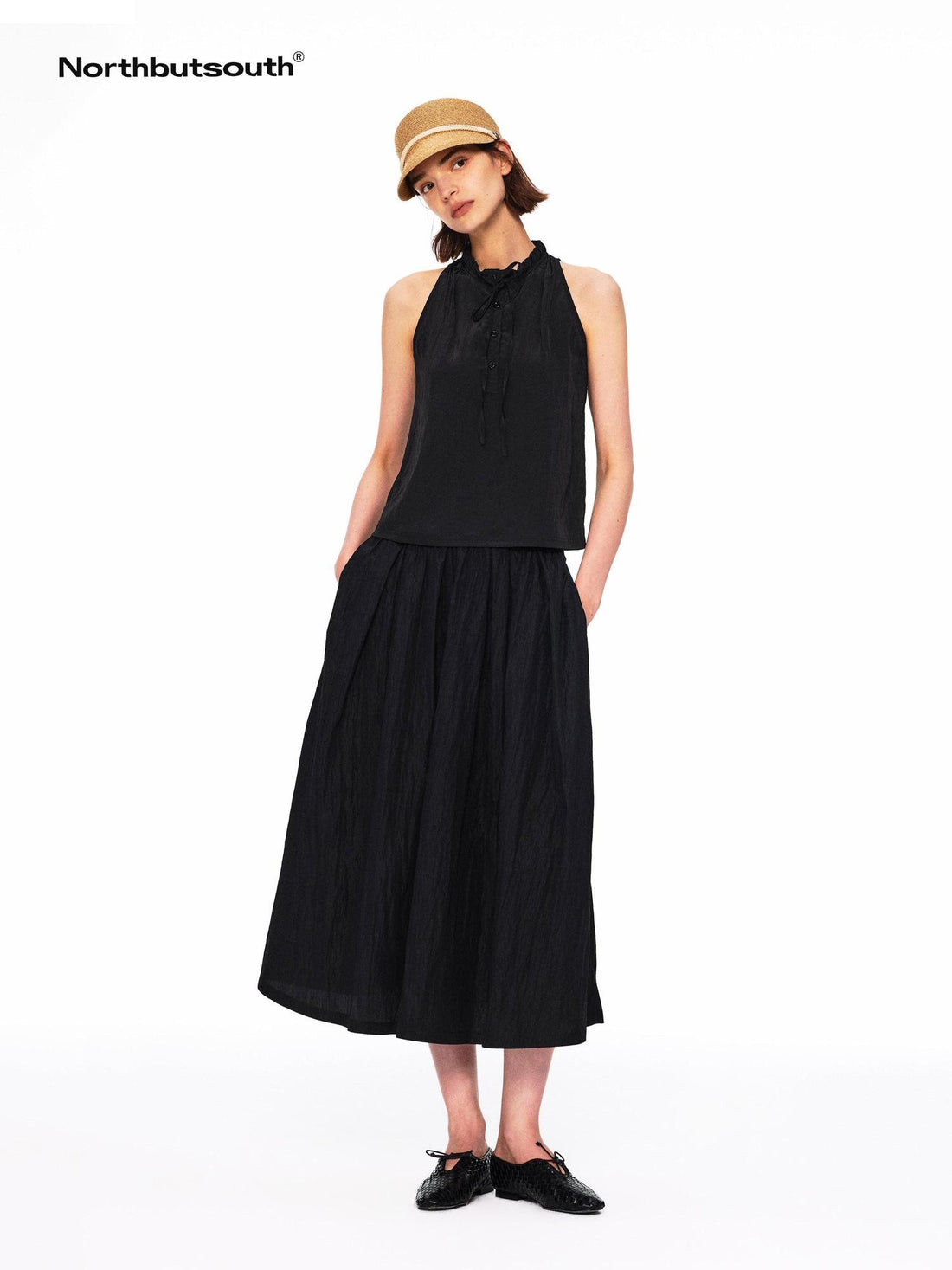 Northbutsouth Crinkle Lace Collar Tie Half Placket Straight Women&