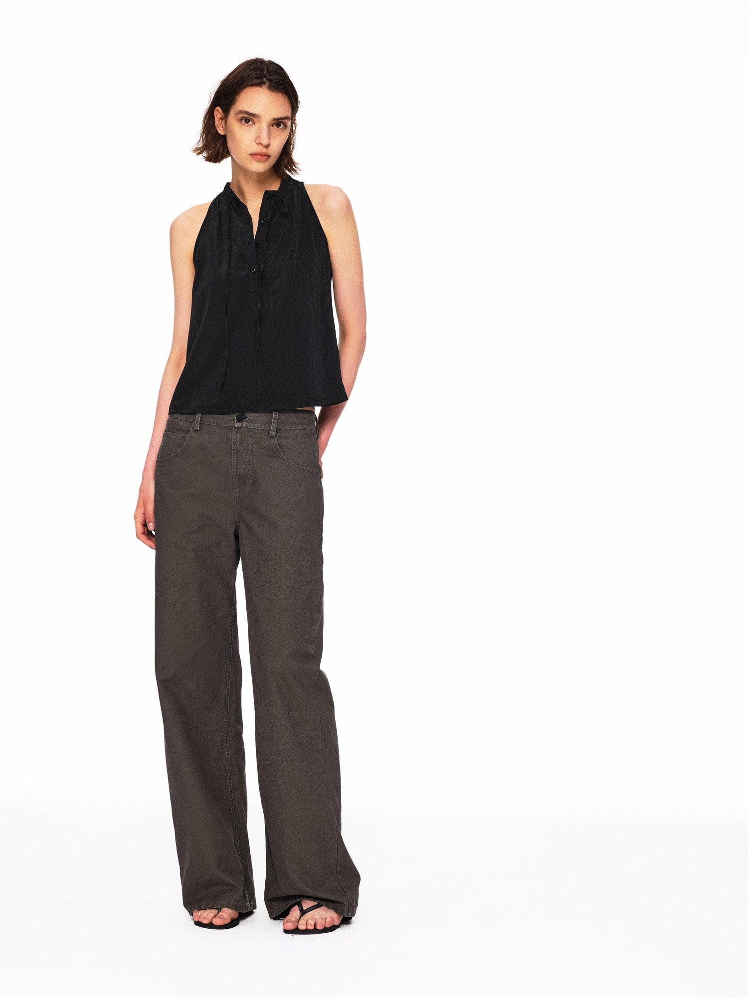 Northbutsouth Crinkle Lace Collar Tie Half Placket Straight Women&