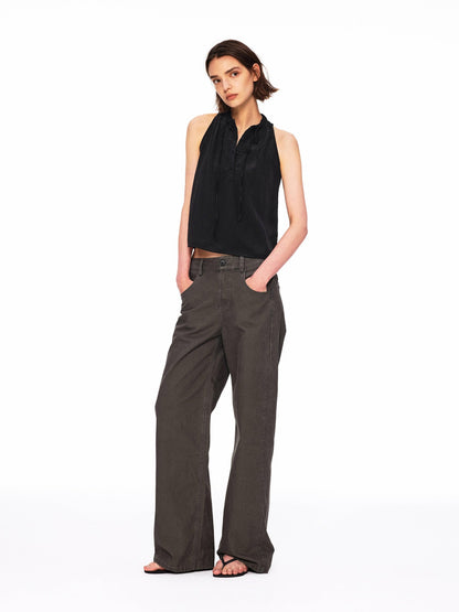Northbutsouth Crinkle Lace Collar Tie Half Placket Straight Women&