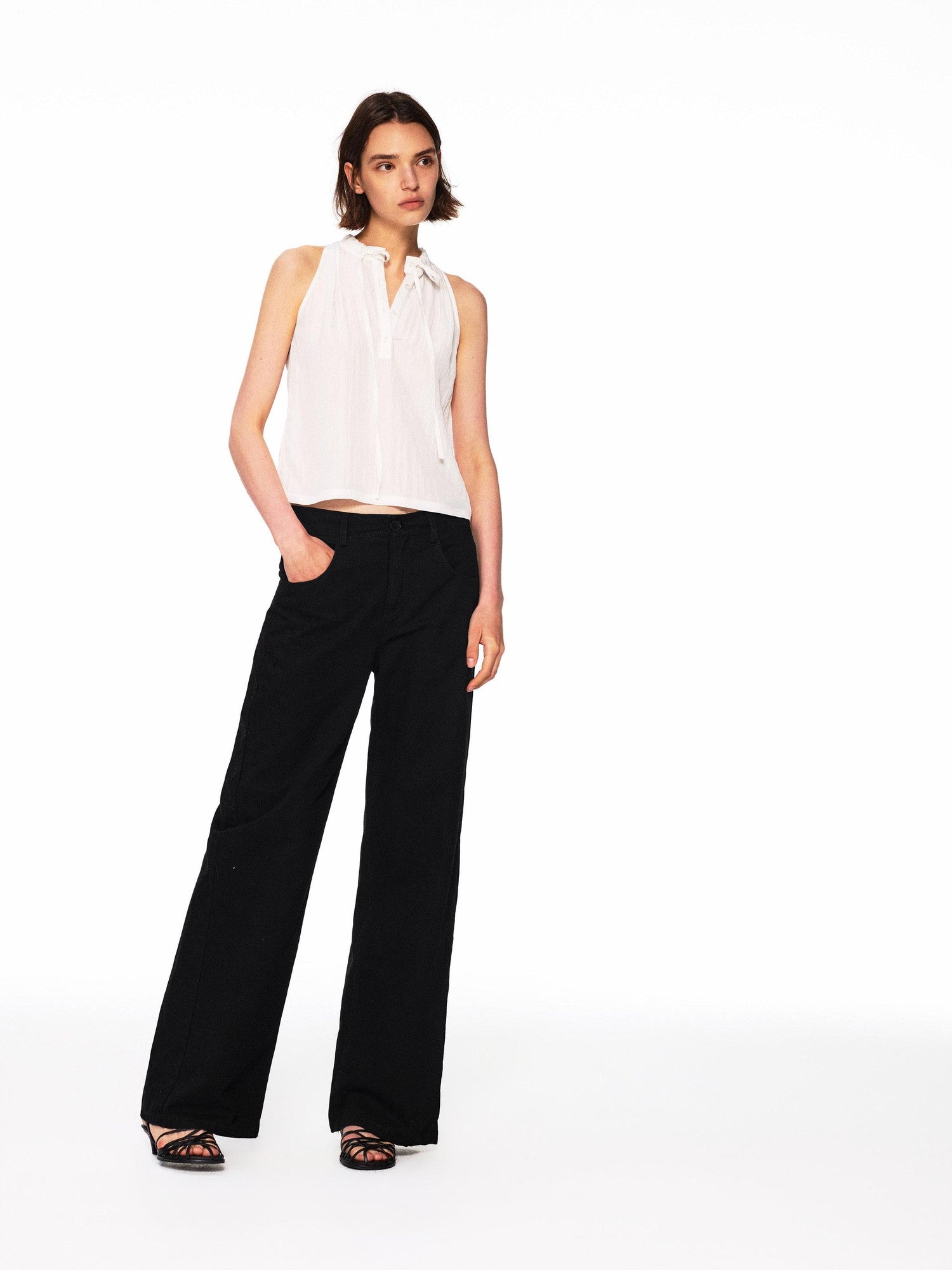 Northbutsouth Crinkle Lace Collar Tie Half Placket Straight Women&