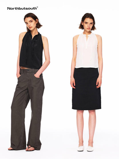 Northbutsouth Crinkle Lace Collar Tie Half Placket Straight Women&