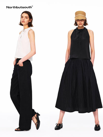 Northbutsouth Crinkle Lace Collar Tie Half Placket Straight Women&