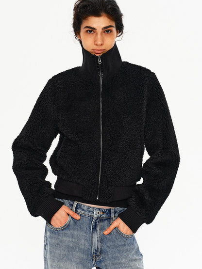Northbutsouth Curly Lamb Patchwork Stand Collar Ribbed Hem Women&