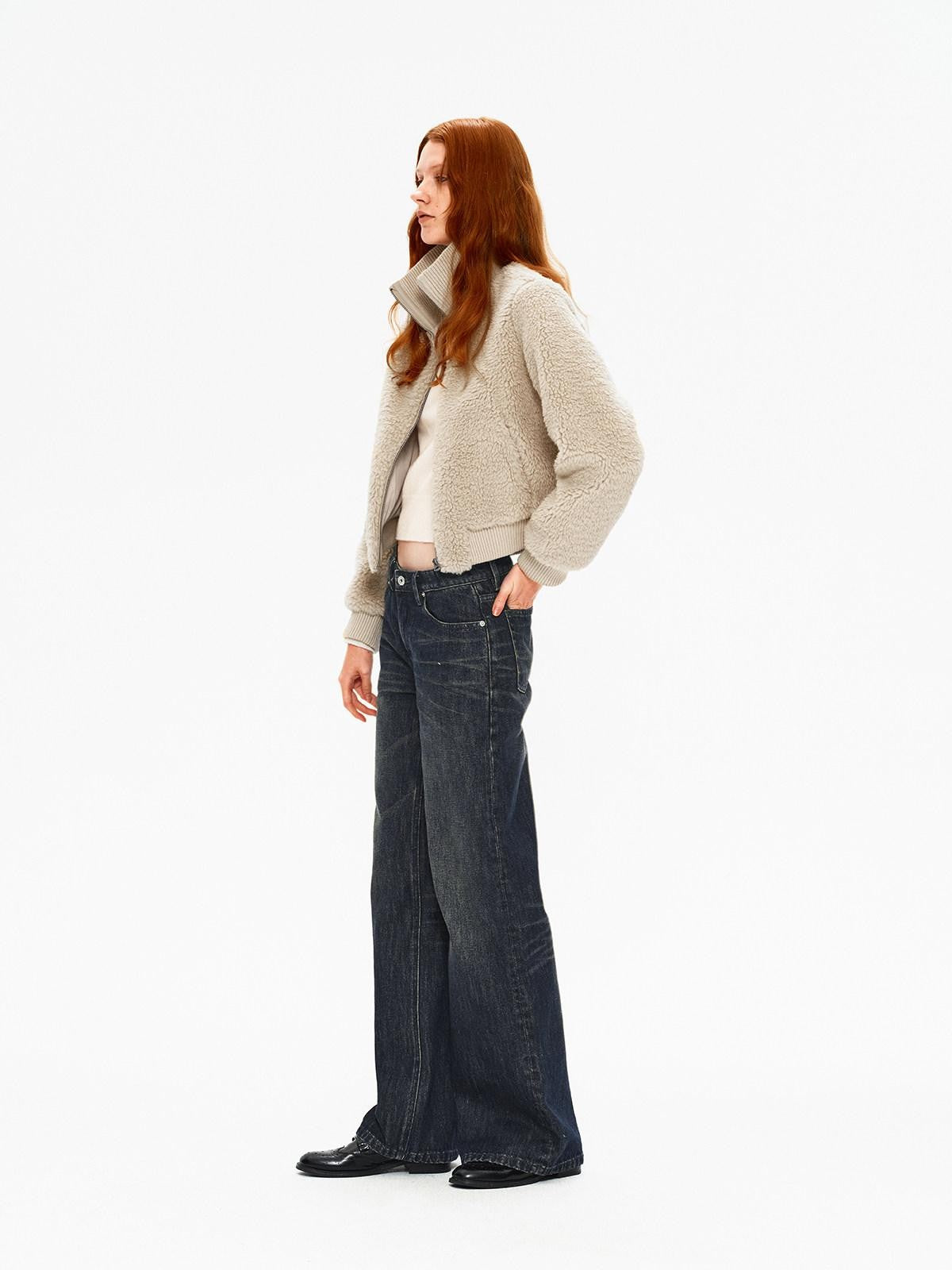 Northbutsouth Curly Lamb Patchwork Stand Collar Ribbed Hem Women&