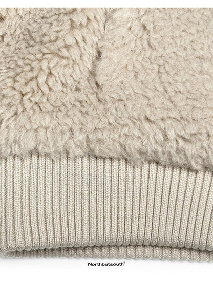 Northbutsouth Curly Lamb Patchwork Stand Collar Ribbed Hem Women&