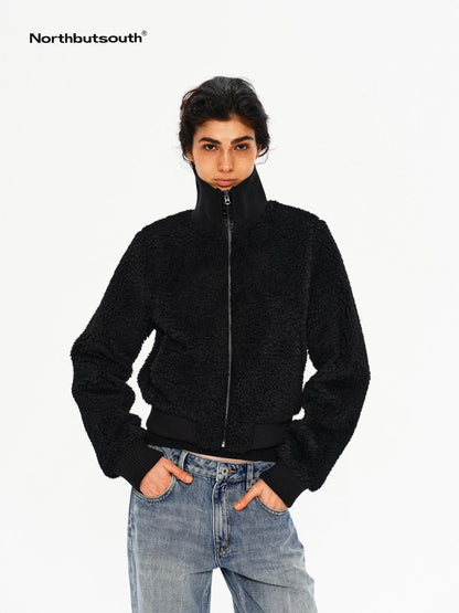 Northbutsouth Curly Lamb Patchwork Stand Collar Ribbed Hem Women&